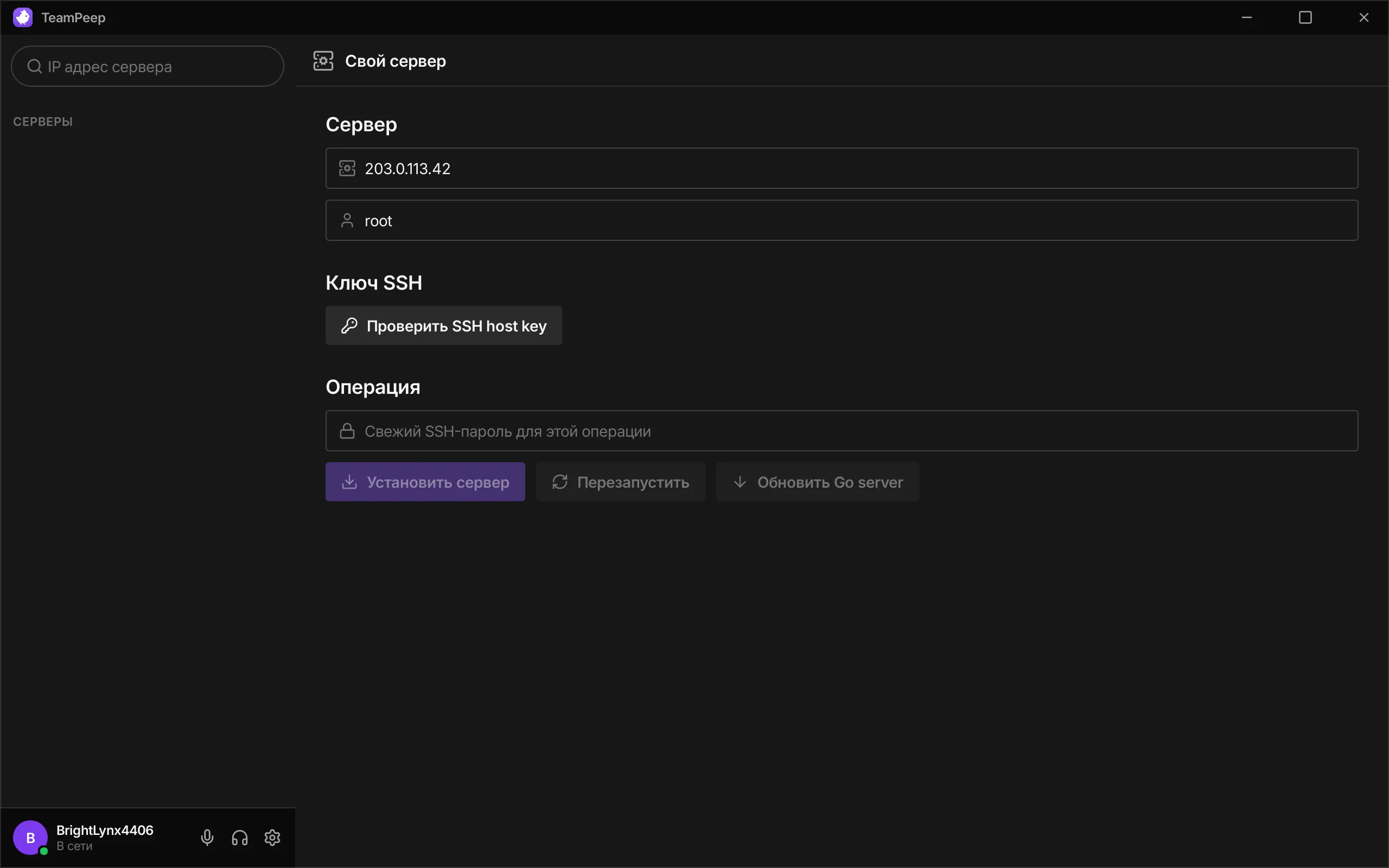 Страница «Свой сервер»: IP VPS и SSH-пользователь